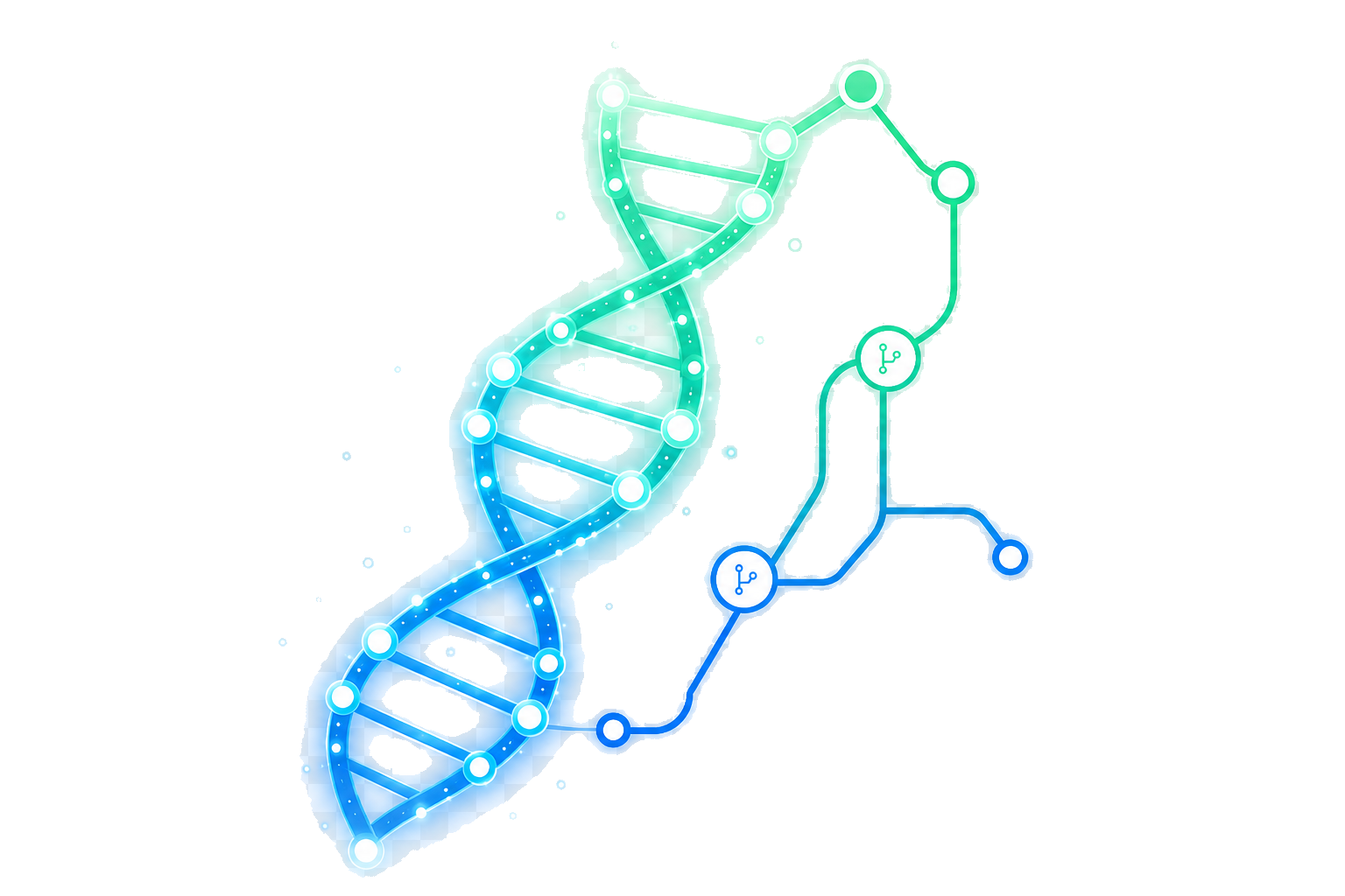A glowing strand that is both a DNA helix and a git commit graph